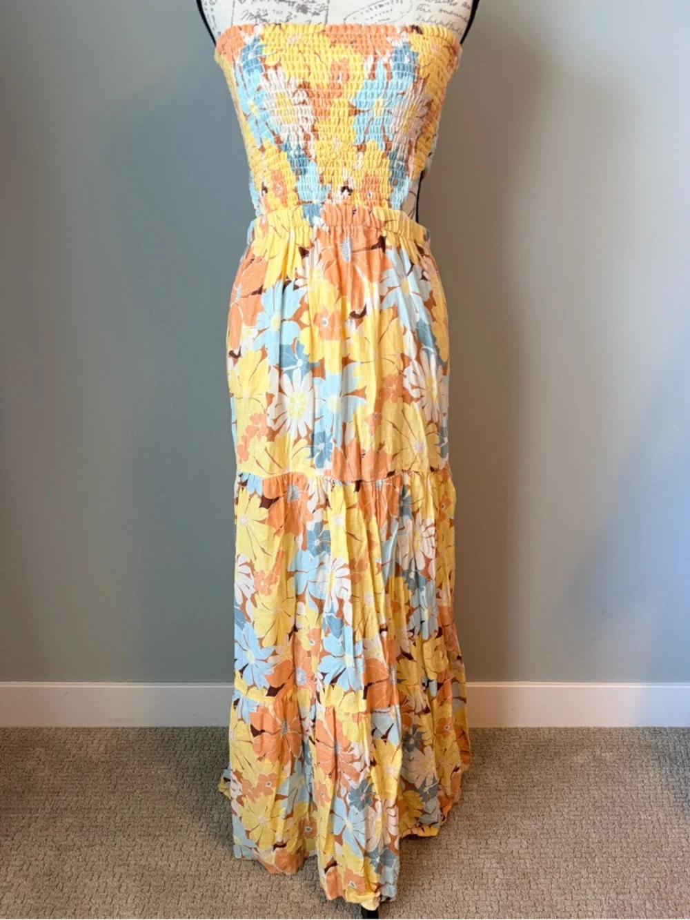 Rip Curl Strapless Cutout Floral Maxi Dress Smocked Bodice Size M - Picture 3 of 7